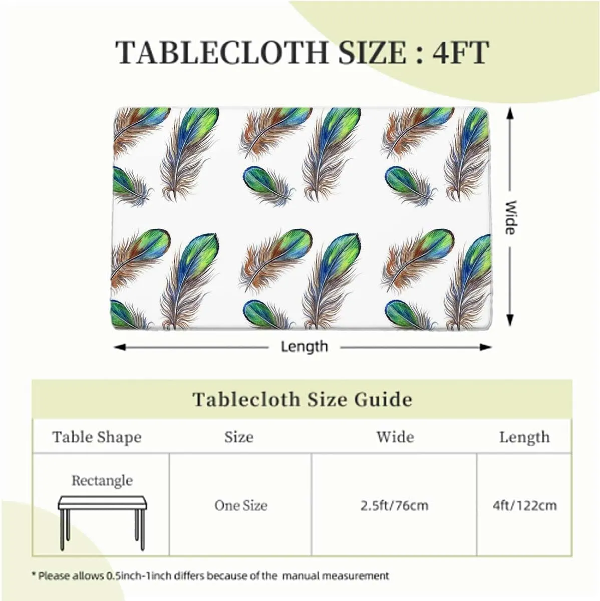 Multicolor Fitted Tablecloth Cover, Feathers in Vibrant Colors Tablecloth Fitted Table Cloth Rectangle Table Bohemian Fits up 4 Foot Tables