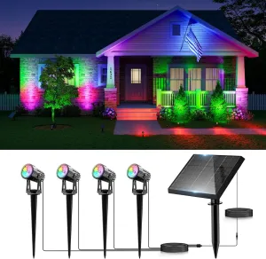 Multicolor Solar Landscape Spotlights Outdoor Aluminum Waterproof for Tree, Plant, Wall, Flag, LED Decorative Lights for Yard, House, Garden with 15.7ft Wire, Separate Panel, 5 Color Modes (4-in-1)
