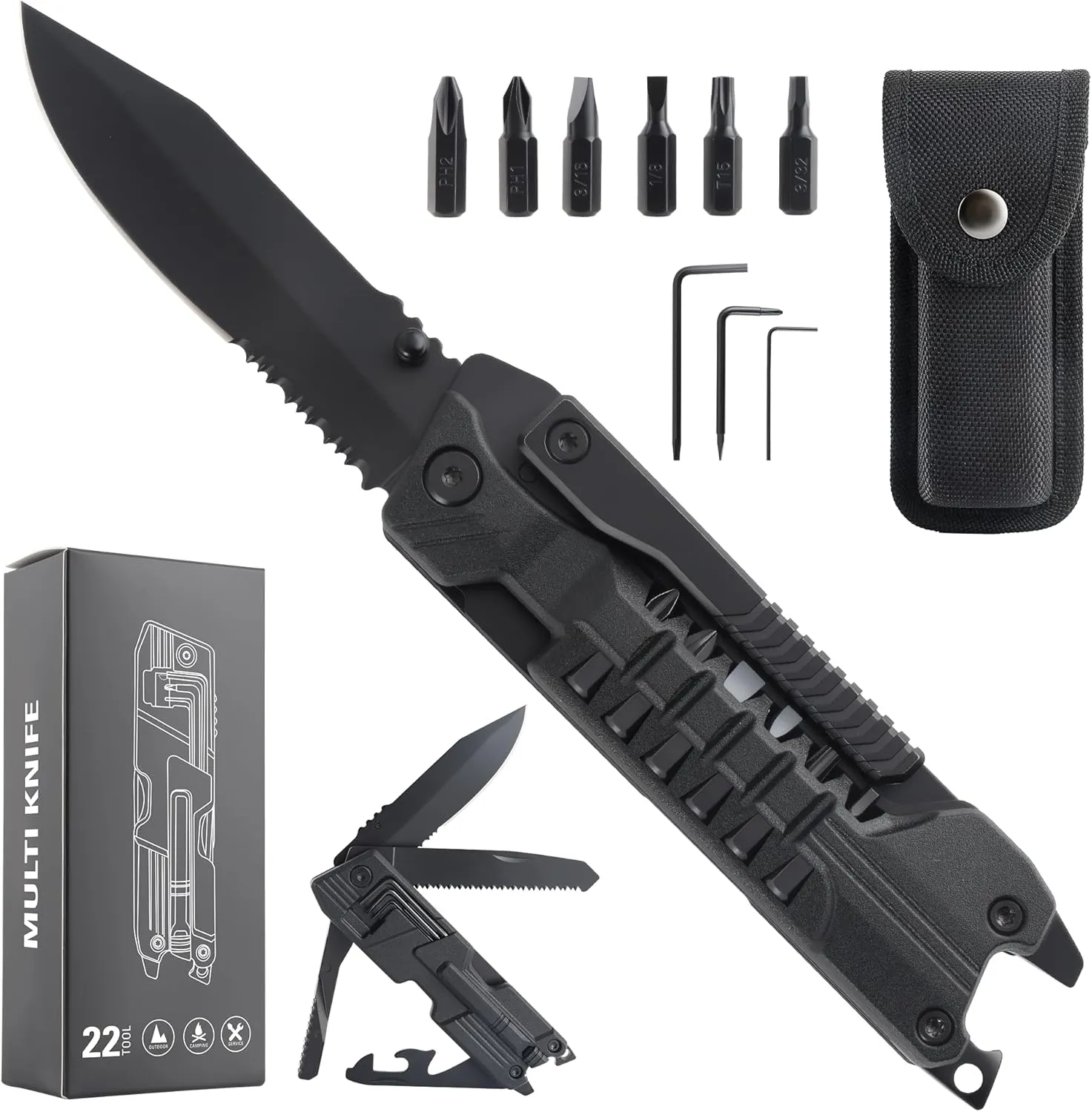 Multitool Knife with Nylon Pouch, 22 in 1 EDC Multi Tools with Fire Starting Sticks, Bottle Opener, Whistle, Pocket Knife and Window Breaker, Perfect for Survival, Outdoor and Everyday Use