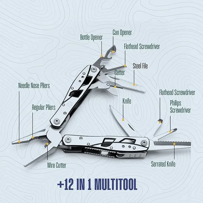 Multitool Plier - 12 In 1 Stainless Steel Pocket Multi Tool With Durable Sheath For Camping, Survival Gear - Safety Locking Camping Accessories With Cutter, Bottle Opener, Screwdriver by Hayvenhurst