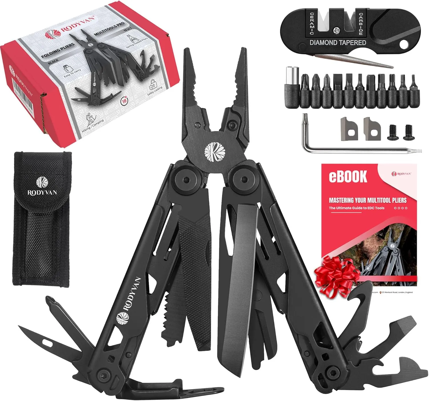 Multitools, 19-in-1 Stainless Steel Multi Tool Pliers with Sharpener, Screwdriver Set, Bottle Opener, Survival Camping Accessories. Gift for Men Dad. DIY Tool kit for Outdoor Activities