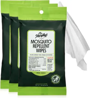 Murphy's Naturals Mosquito Repellent Wipes, Plant-Based with Lemongrass & Rosemary Oil, Fast-Absorbing & Travel-Friendly, DEET-Free, 10 Wipes, 3-Pack