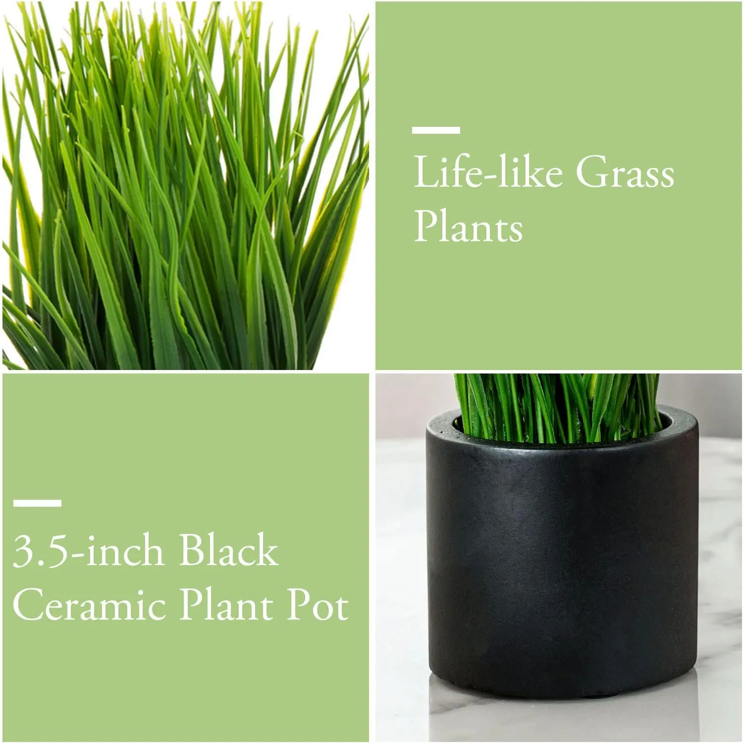 MyGift Tabletop Artificial Grass Plants Decorative Faux Greenery Plant Potted in Modern Cylindrical Black Cement Pots, Set of 2