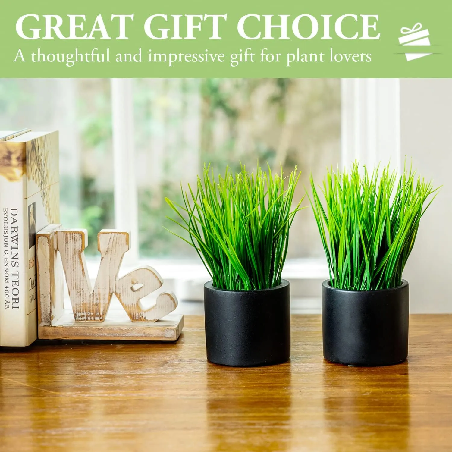 MyGift Tabletop Artificial Grass Plants Decorative Faux Greenery Plant Potted in Modern Cylindrical Black Cement Pots, Set of 2