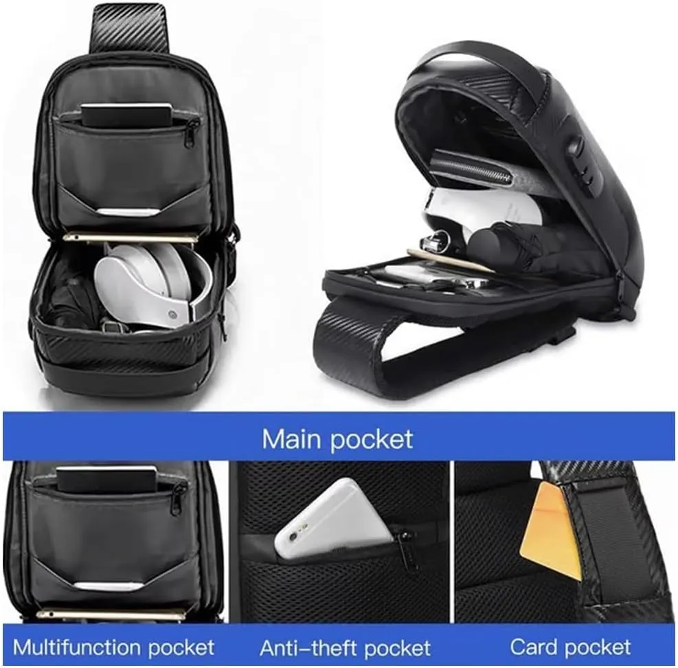 New Carbon Fiber Streamline Anti-Theft Sling Bag, Auricz Bag, USB Charging Port Waterproof Crossbody Bag, Backpack(Black)
