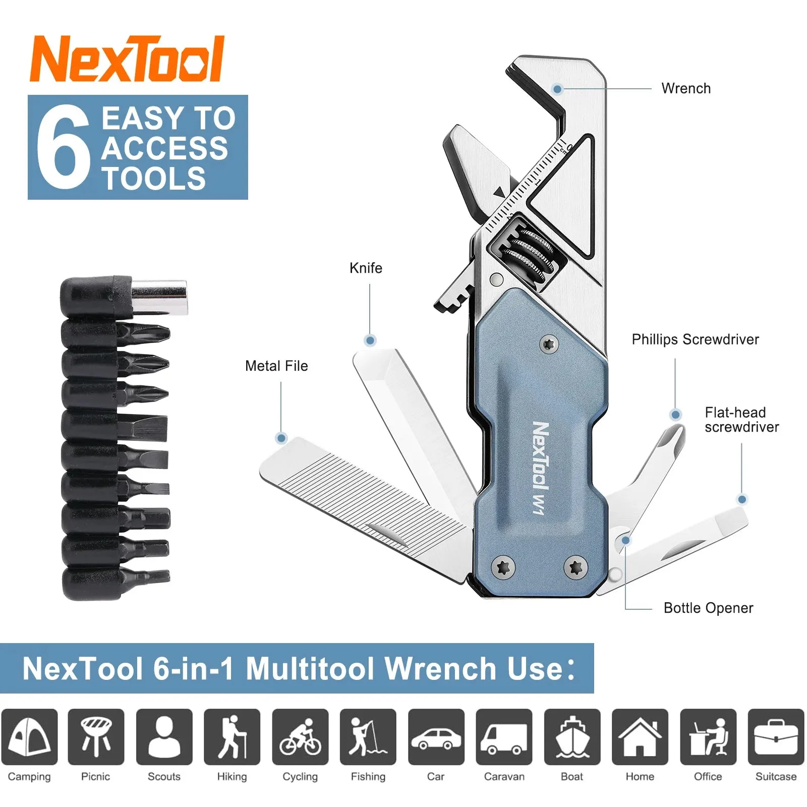 NEXTOOL Adjustable Wrench 6-in-1 EDC Multitool with Knife and Screwdrivers