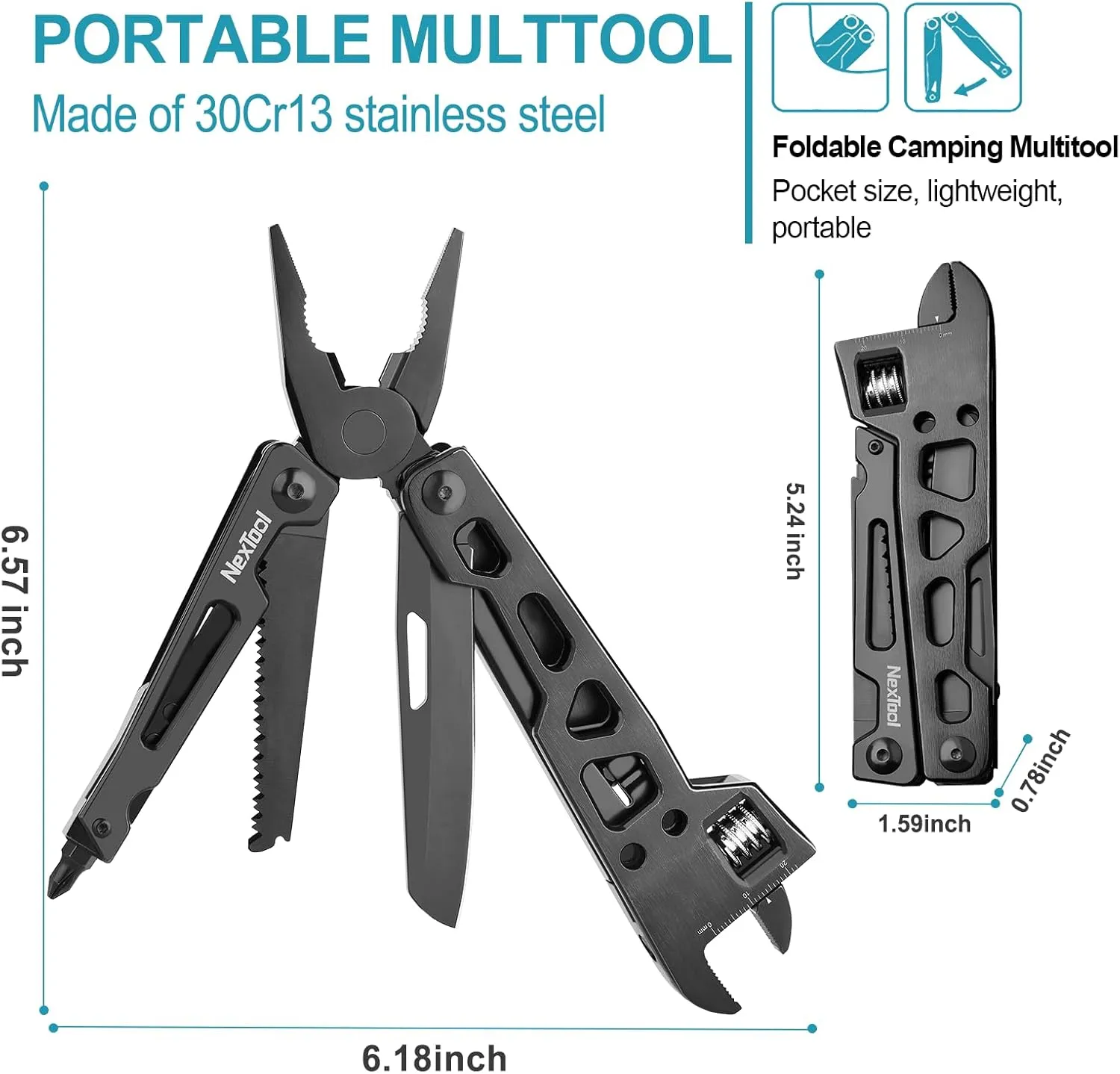 NexTool Adjustable Wrench Multitool, 9 in 1 Multi Tool with Multitool Pliers, Adjustable Wrench, Pocket Knife and Screwdriver, Foldable Stainless Steel Multi-Tool for Mechanical Maintenance, Camping