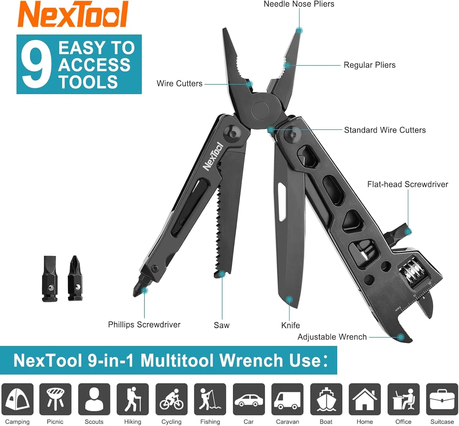 NexTool Adjustable Wrench Multitool, 9 in 1 Multi Tool with Multitool Pliers, Adjustable Wrench, Pocket Knife and Screwdriver, Foldable Stainless Steel Multi-Tool for Mechanical Maintenance, Camping
