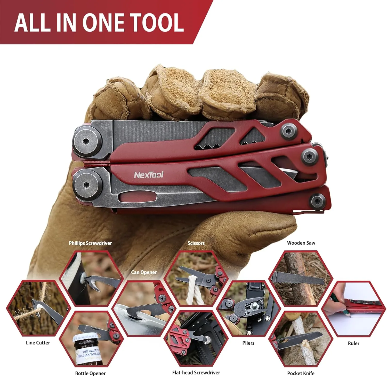 NexTool Flagship Pro, Multi Tool, Multitool Pliers with Big Folding Scissors, Replaceable Wire Cutters and Safety Locking, Multi Tool Pocket Knife, Survival Tools with Glass Breaker, Gifts for Men-Red