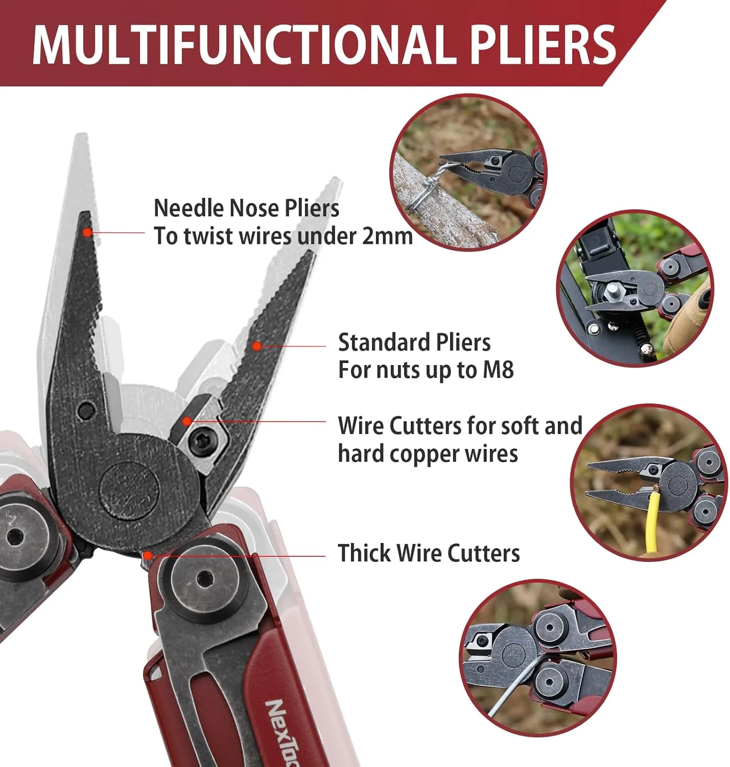 NexTool Flagship Pro, Multi Tool, Multitool Pliers with Big Folding Scissors, Replaceable Wire Cutters and Safety Locking, Multi Tool Pocket Knife, Survival Tools with Glass Breaker, Gifts for Men-Red