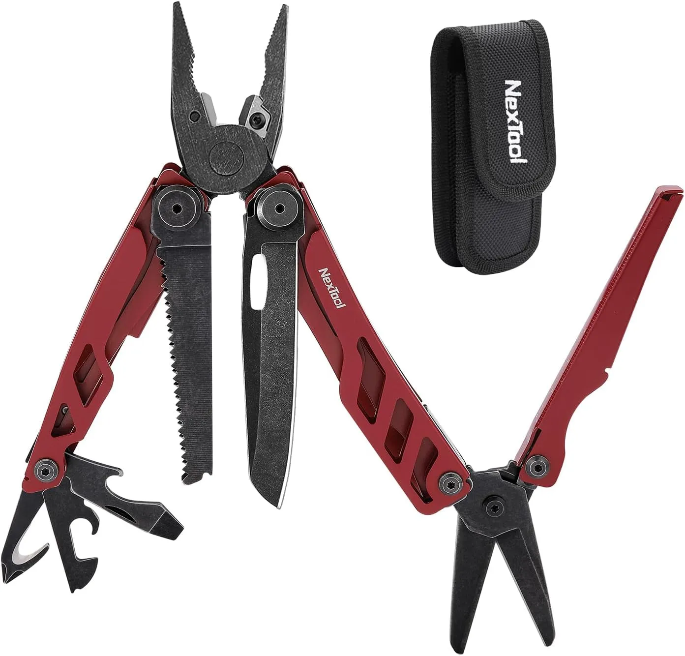 NexTool Flagship Pro, Multi Tool, Multitool Pliers with Big Folding Scissors, Replaceable Wire Cutters and Safety Locking, Multi Tool Pocket Knife, Survival Tools with Glass Breaker, Gifts for Men-Red
