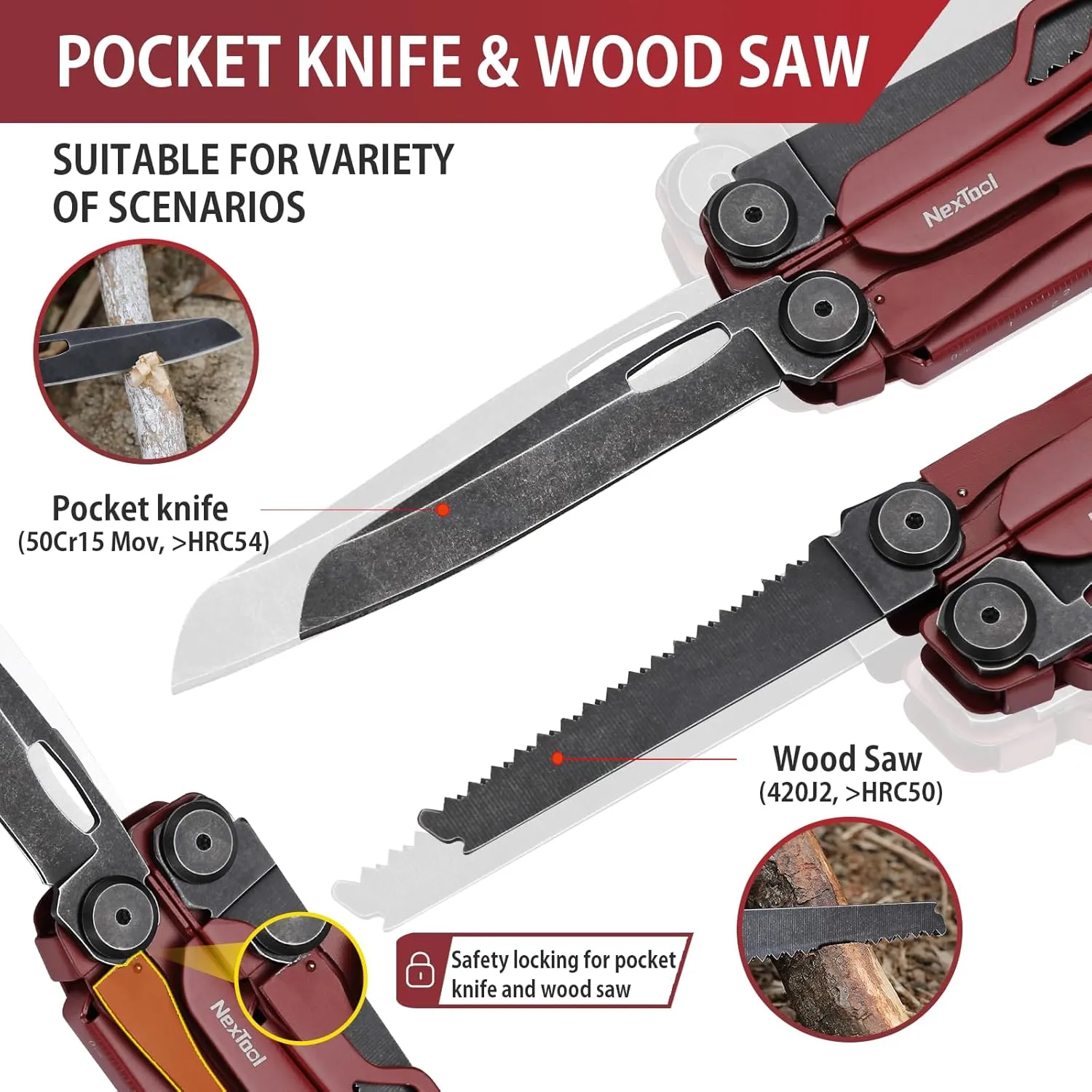 NexTool Flagship Pro, Multi Tool, Multitool Pliers with Big Folding Scissors, Replaceable Wire Cutters and Safety Locking, Multi Tool Pocket Knife, Survival Tools with Glass Breaker, Gifts for Men-Red