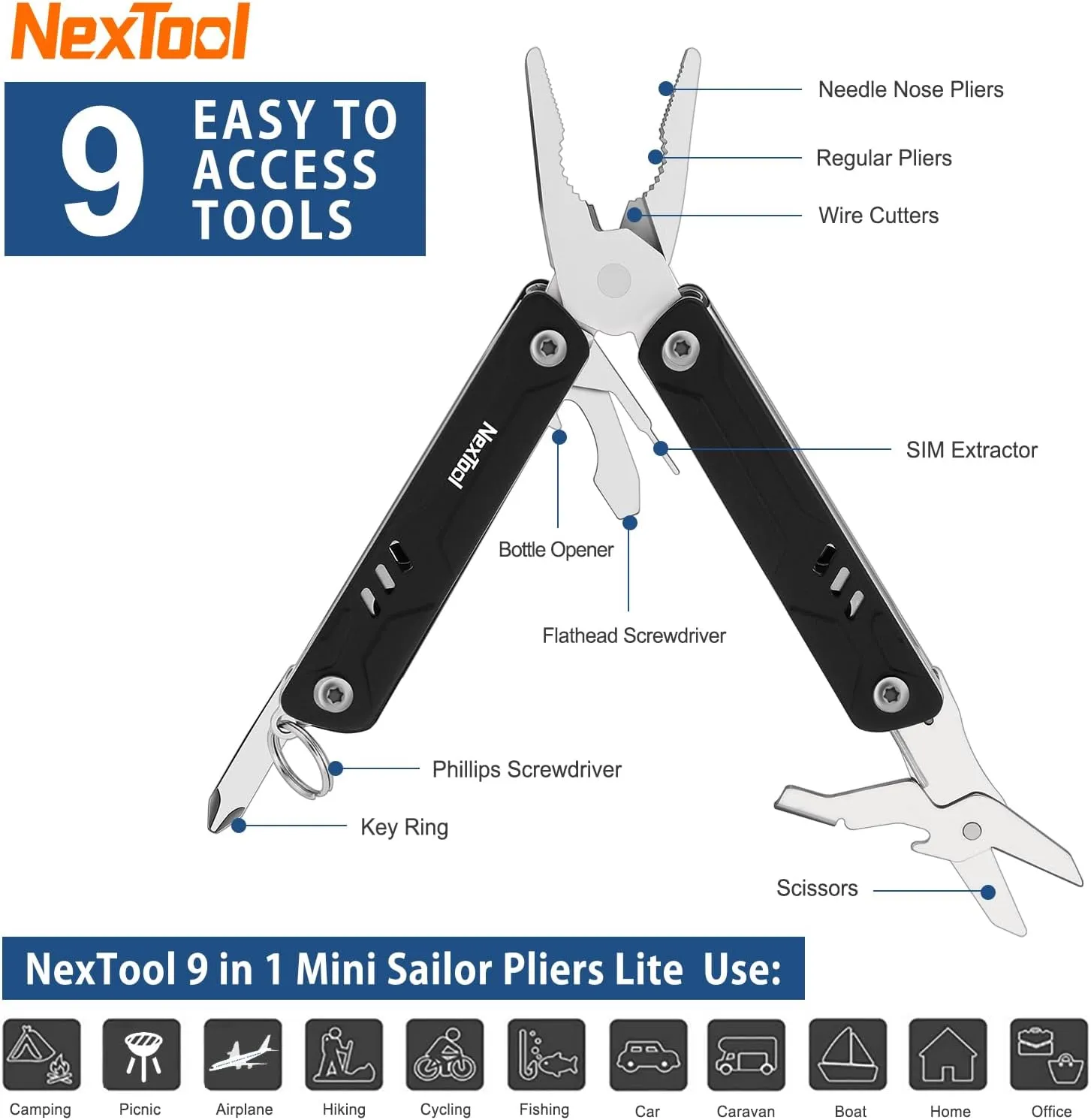 NexTool Mini Multitool - 9 in 1 Keychain Multitool with Needle Nose Pliers, Scissors, SIM Extractor and Screwdrivers for Travel, EDC, TSA Approved