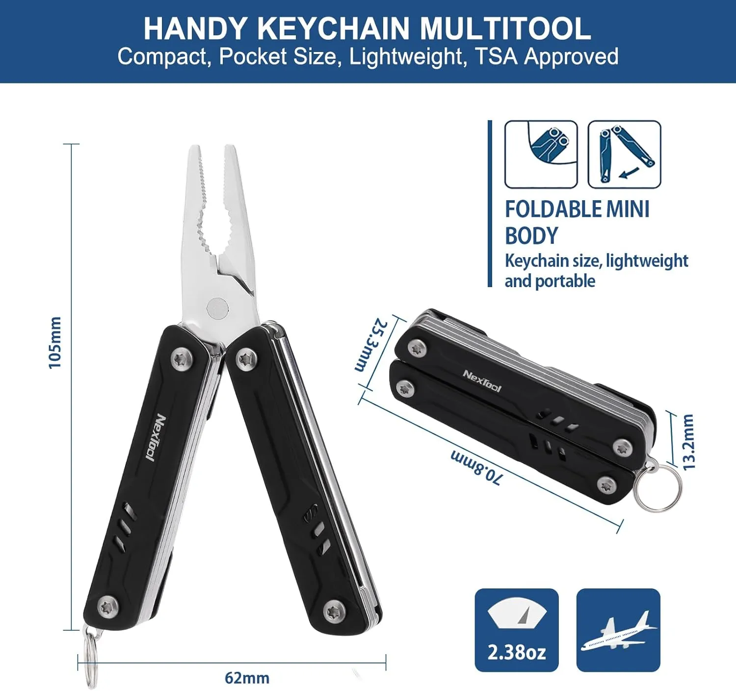 NexTool Mini Multitool - 9 in 1 Keychain Multitool with Needle Nose Pliers, Scissors, SIM Extractor and Screwdrivers for Travel, EDC, TSA Approved