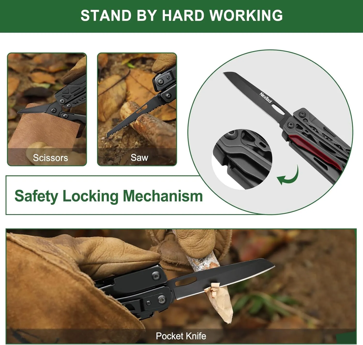 NexTool Multitool, 11 in 1 Multi Tool with Needle Nose Pliers, Scissors and Screwdriver Bits, Stainless Steel Multi Tool Pocket Knife with Safety Locking for Camping,Fishing,Hiking, Mens Gifts Unique