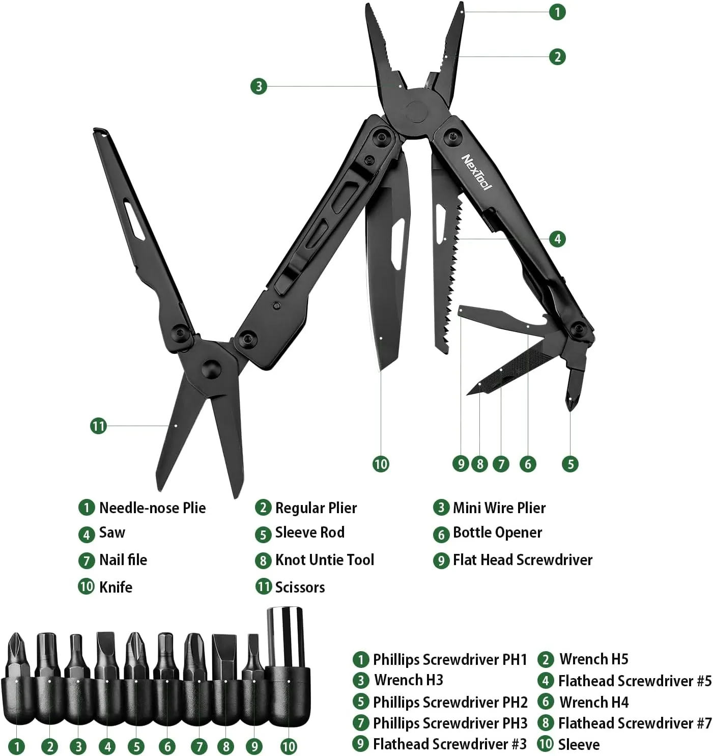 NexTool Multitool, 11 in 1 Multi Tool with Needle Nose Pliers, Scissors and Screwdriver Bits, Stainless Steel Multi Tool Pocket Knife with Safety Locking for Camping,Fishing,Hiking, Mens Gifts Unique