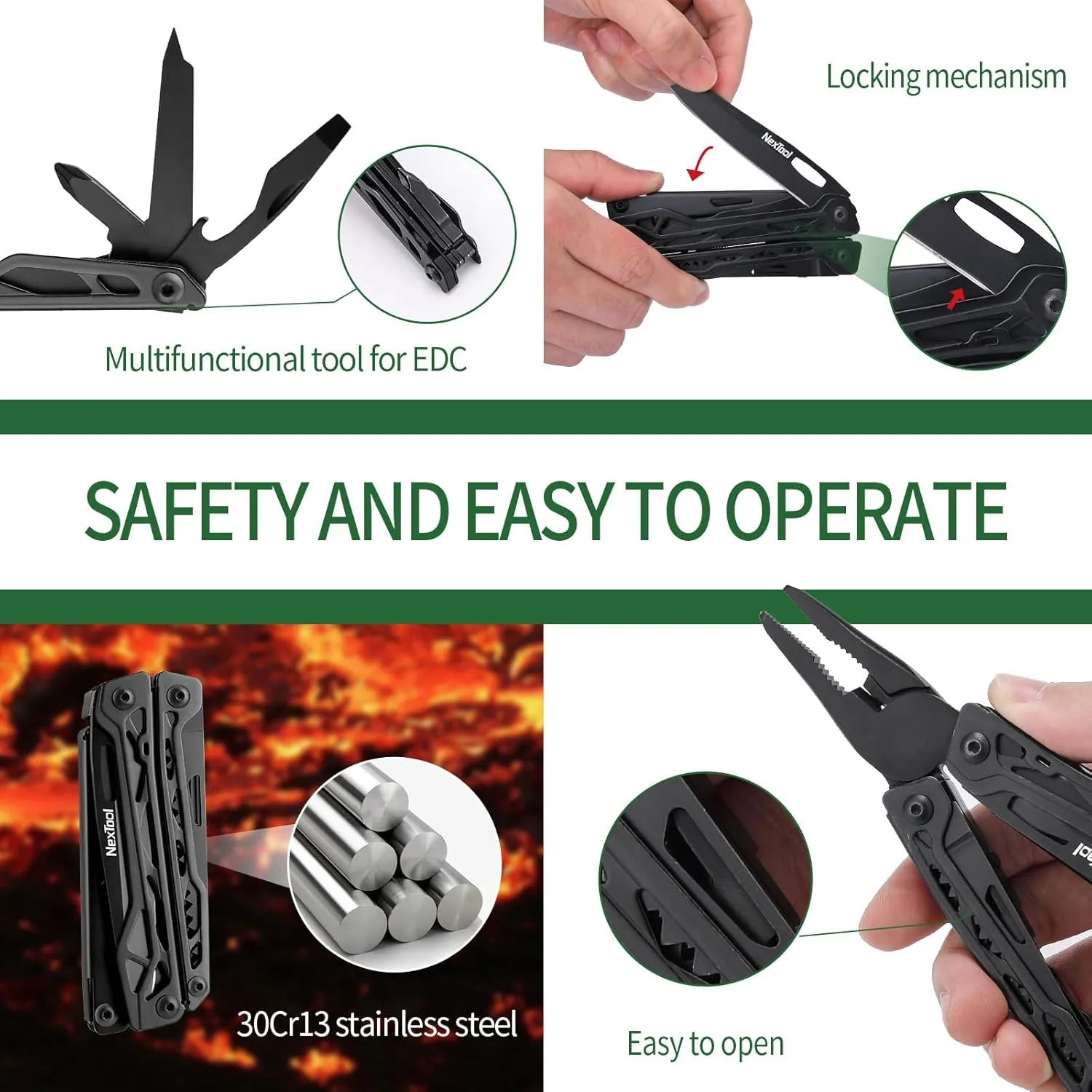 NexTool Multitool, 11 in 1 Multi Tool with Needle Nose Pliers, Scissors and Screwdriver Bits, Stainless Steel Multi Tool Pocket Knife with Safety Locking for Camping,Fishing,Hiking, Mens Gifts Unique