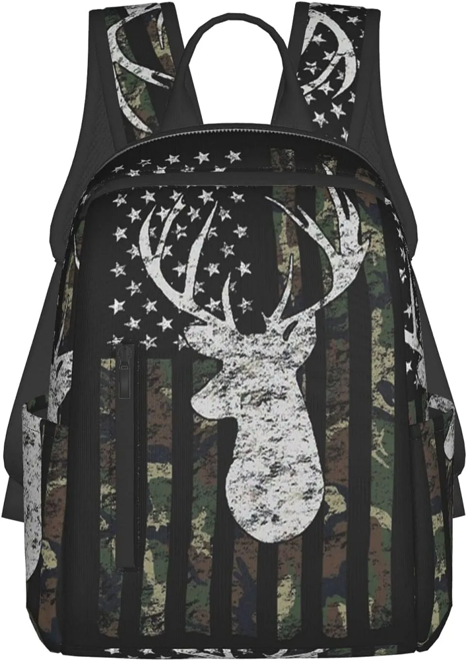NiYoung Deer Camo Camouflage American Flag Hunting Casual Backpck Big Capacity Anti-Theft Multipurpose Bookbag Backpack Multipurpose Rucksacks for Teenage