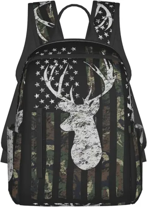 NiYoung Deer Camo Camouflage American Flag Hunting Casual Backpck Big Capacity Anti-Theft Multipurpose Bookbag Backpack Multipurpose Rucksacks for Teenage