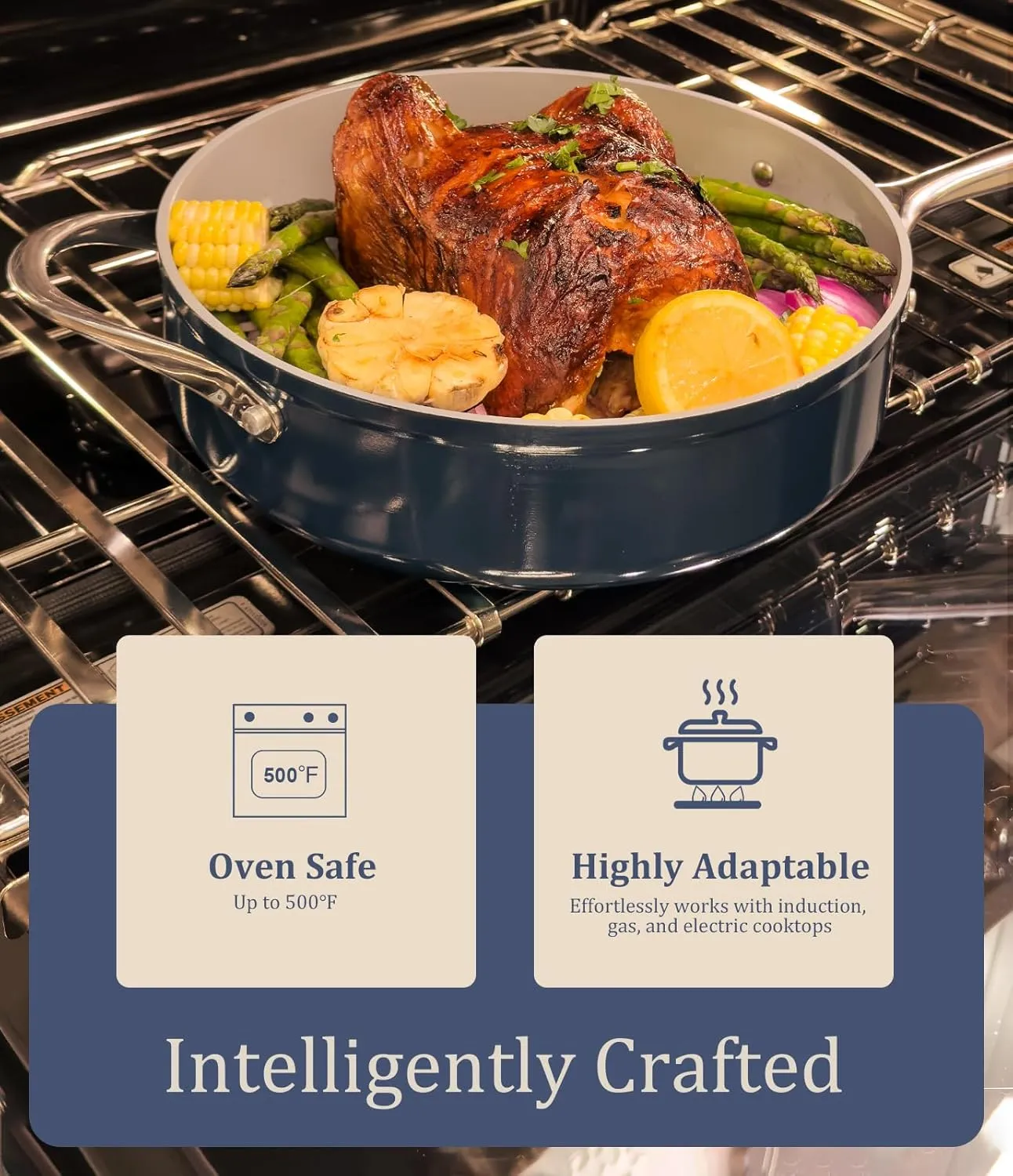 Nonstick Ceramic Saucepan with Lid 3 qt for Induction Cooktops - Non Toxic, PTFE/PFOA/PFAS Free, Oven & Dishwasher Safe up to 500°F – Cooking Pot with Stay-Cool Handle - Navy Blue