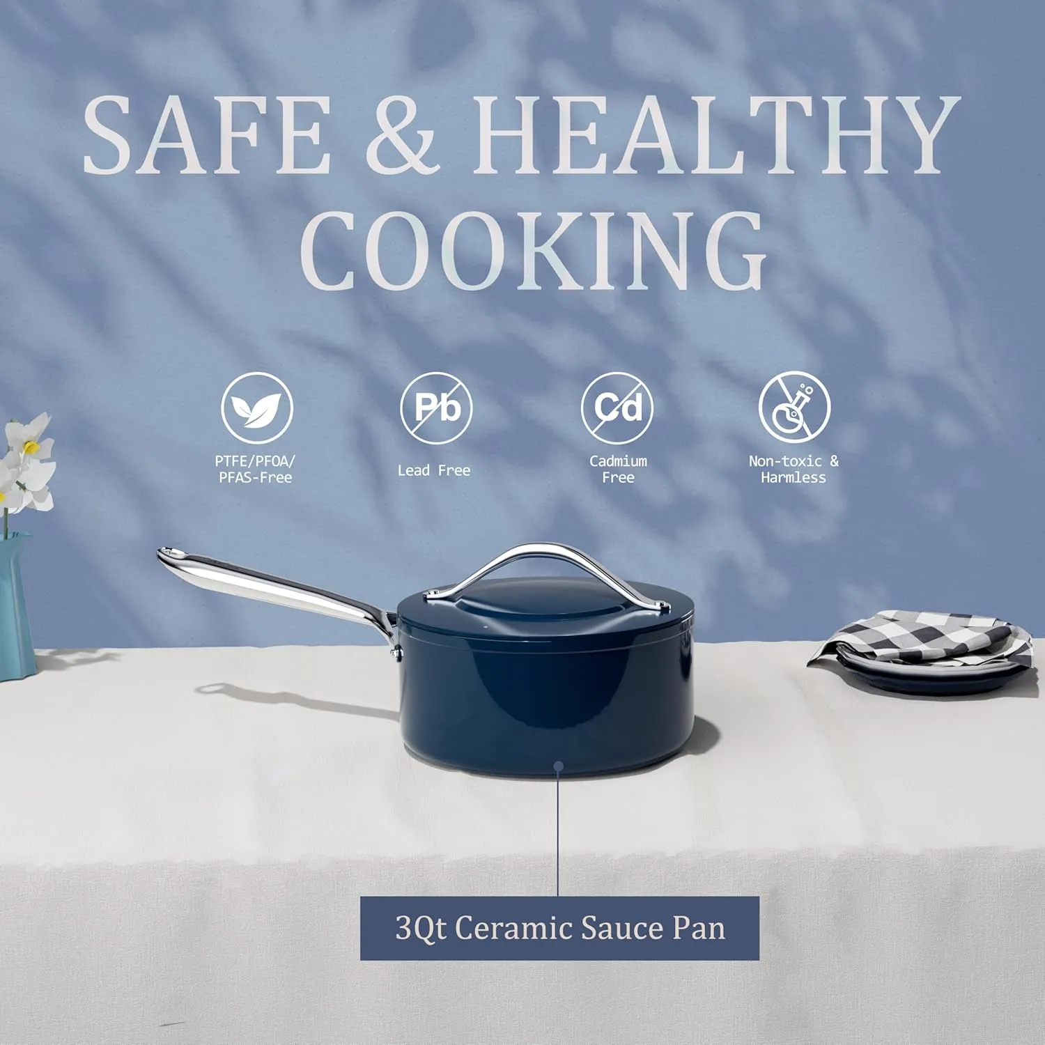Nonstick Ceramic Saucepan with Lid 3 qt for Induction Cooktops - Non Toxic, PTFE/PFOA/PFAS Free, Oven & Dishwasher Safe up to 500°F – Cooking Pot with Stay-Cool Handle - Navy Blue