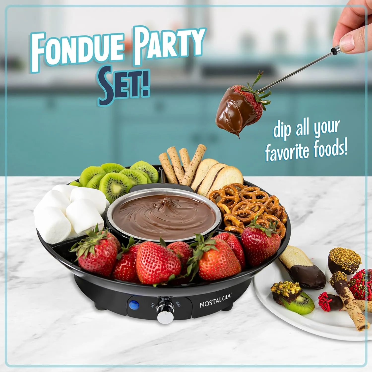 Nostalgia 10 Oz Electric Fondue Pot Set for Cheese & Chocolate - 4 Dipping Forks, 3-Section Food Tray - Kitchen Gadgets and Appliances for H'ors Deouvres, Entrees, Desserts - Black