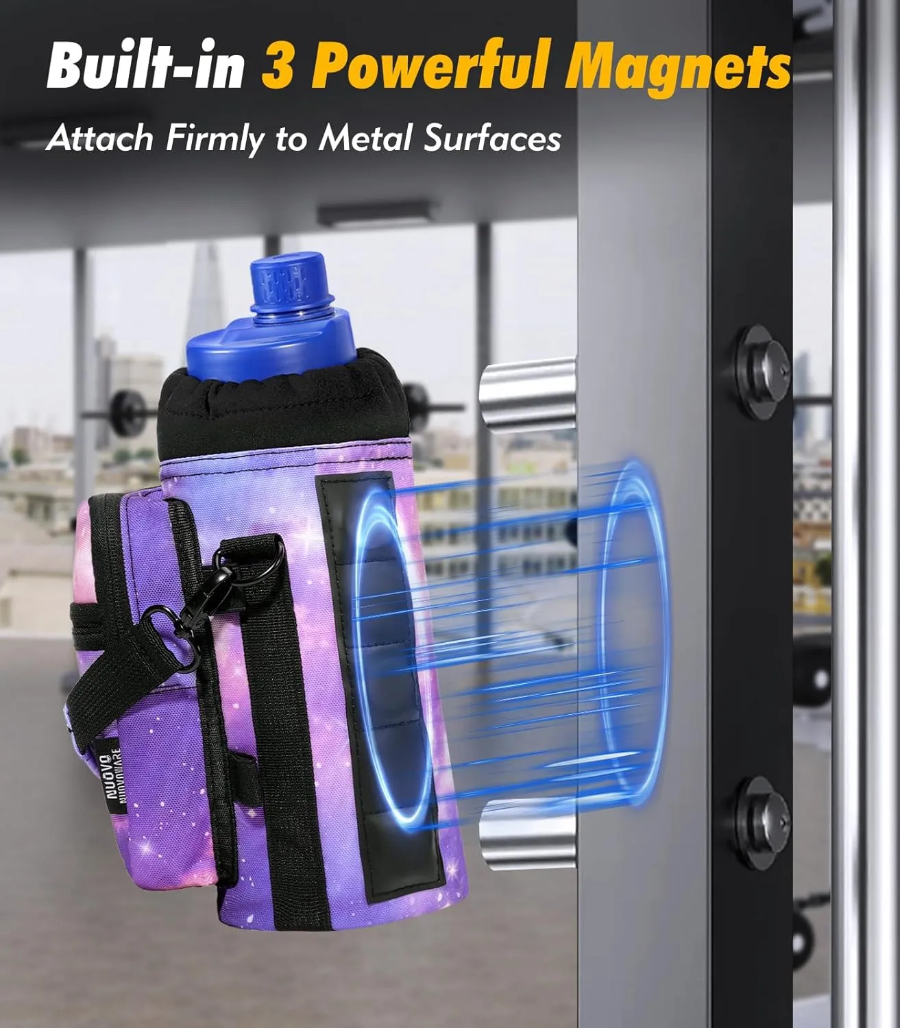 Nuovoware Magnetic Gym Bag Water Bottle Carrier Holder with Adjustable Shoulder Strap, 40oz Magnets Magnetic Gym Bag Bottle Pouch Sling, 2 Pocket Sling Neoprene Organizer Sleeve, Purple Starry Sky