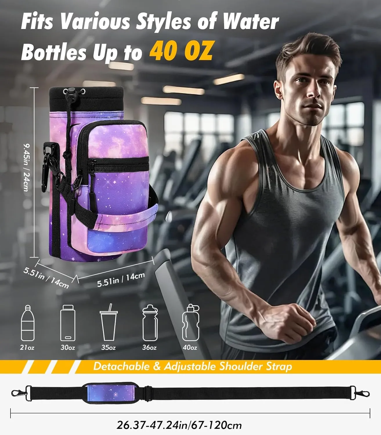 Nuovoware Magnetic Gym Bag Water Bottle Carrier Holder with Adjustable Shoulder Strap, 40oz Magnets Magnetic Gym Bag Bottle Pouch Sling, 2 Pocket Sling Neoprene Organizer Sleeve, Purple Starry Sky