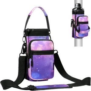 Nuovoware Magnetic Gym Bag Water Bottle Carrier Holder with Adjustable Shoulder Strap, 40oz Magnets Magnetic Gym Bag Bottle Pouch Sling, 2 Pocket Sling Neoprene Organizer Sleeve, Purple Starry Sky