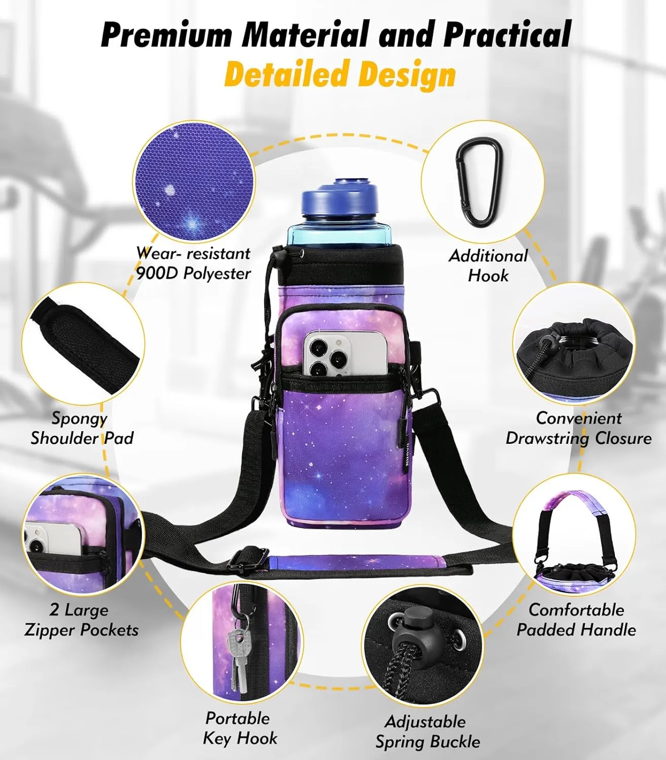 Nuovoware Magnetic Gym Bag Water Bottle Carrier Holder with Adjustable Shoulder Strap, 40oz Magnets Magnetic Gym Bag Bottle Pouch Sling, 2 Pocket Sling Neoprene Organizer Sleeve, Purple Starry Sky