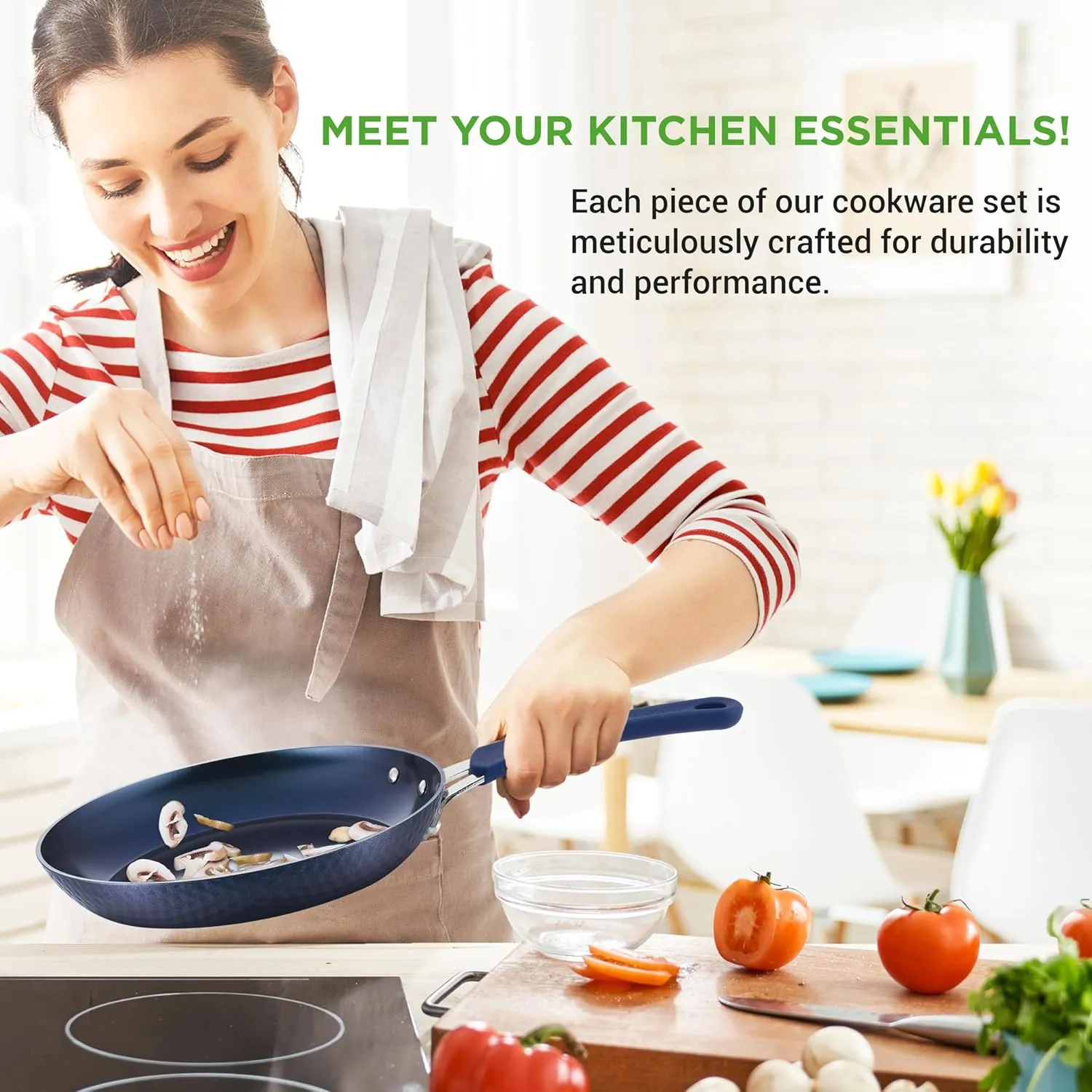 NutriChef 11 Pc Blue Diamond Nonstick Ceramic Cookware Set - Durable Pots and Pans with Cool-Touch Handles, Lids, Utensils