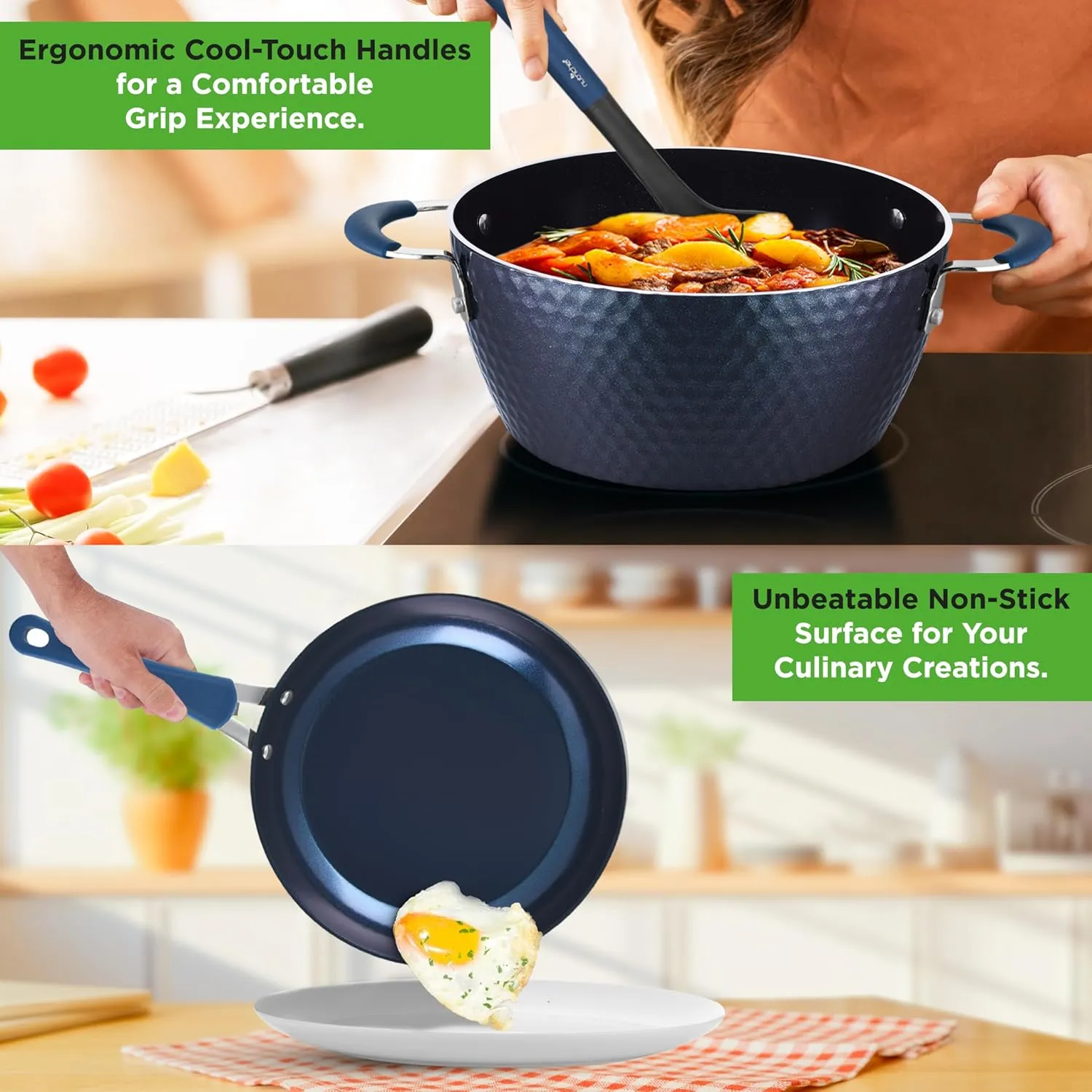 NutriChef 11 Pc Blue Diamond Nonstick Ceramic Cookware Set - Durable Pots and Pans with Cool-Touch Handles, Lids, Utensils