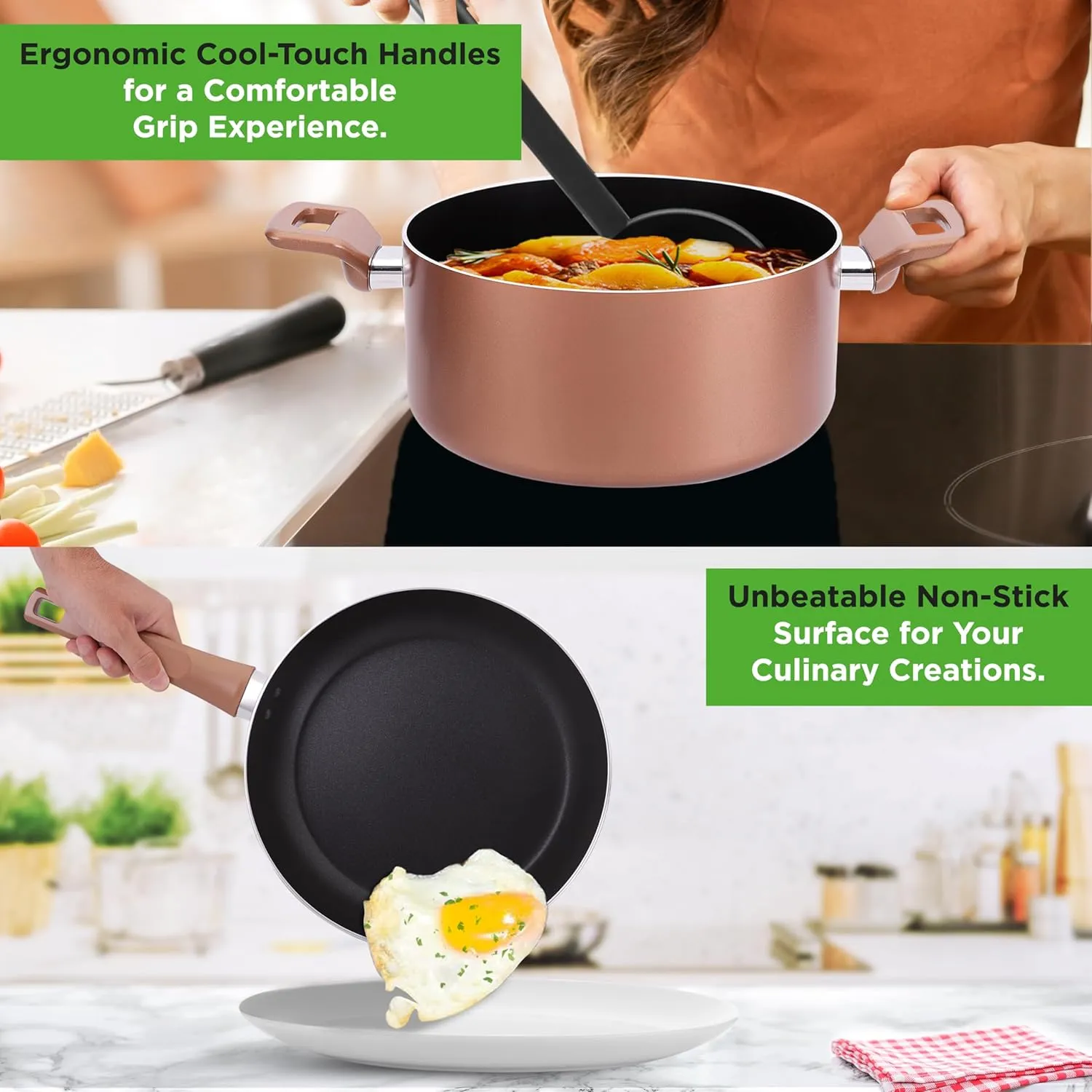 NutriChef 13 Pcs. Nonstick Kitchen Cookware PFOA/PFOS-Free Heat Resistant Kitchenware Set w/Saucepan, Frying Pans, Cooking Pots, Casserole, Lids, & Utensils, Brown, NCCWA13BR