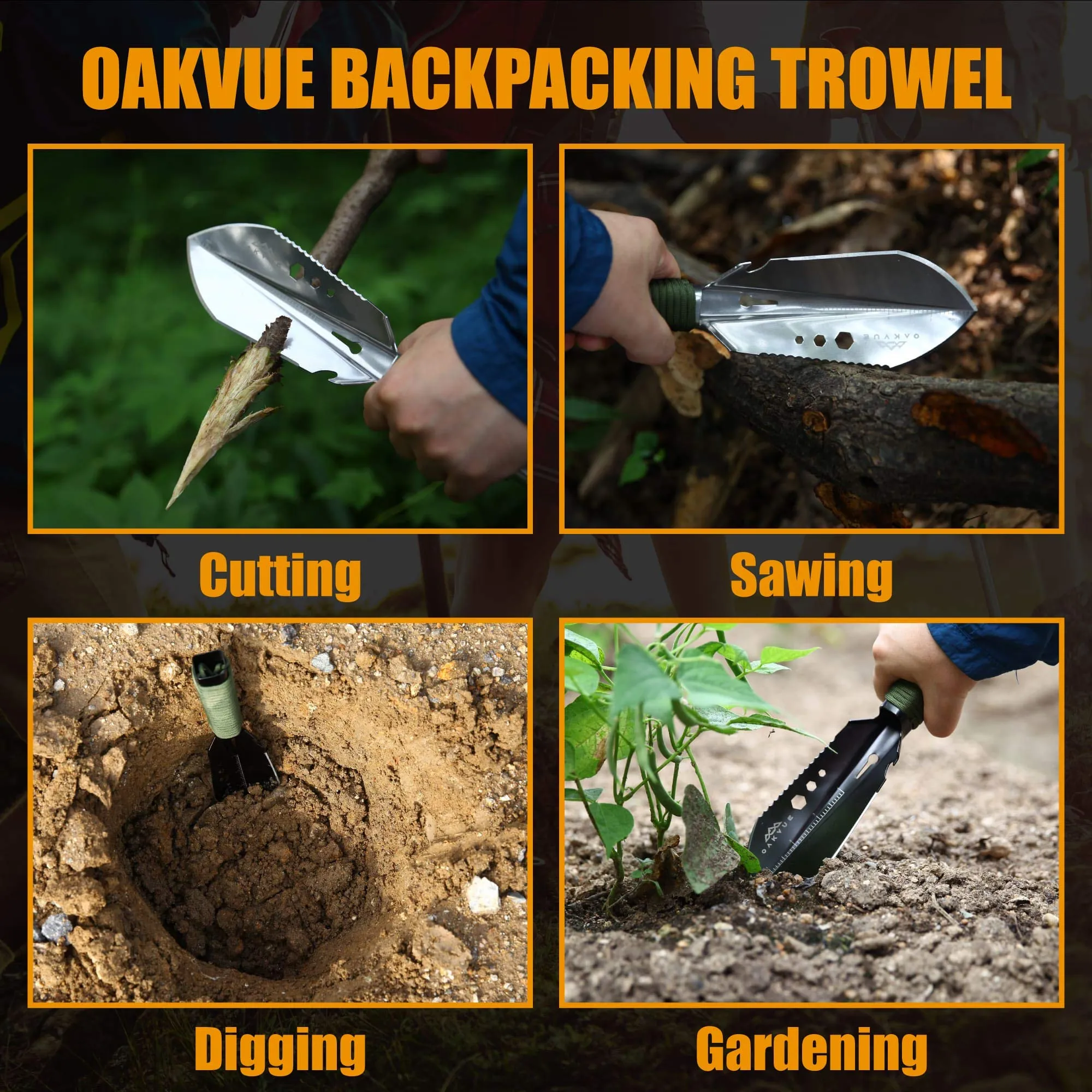 OAKVUE Backpacking Trowel – Lightweight Shovel for Camping, Hiking, Backpacking, Gardening – Compact Survival Multitool with Carrying Sheath (Silver)