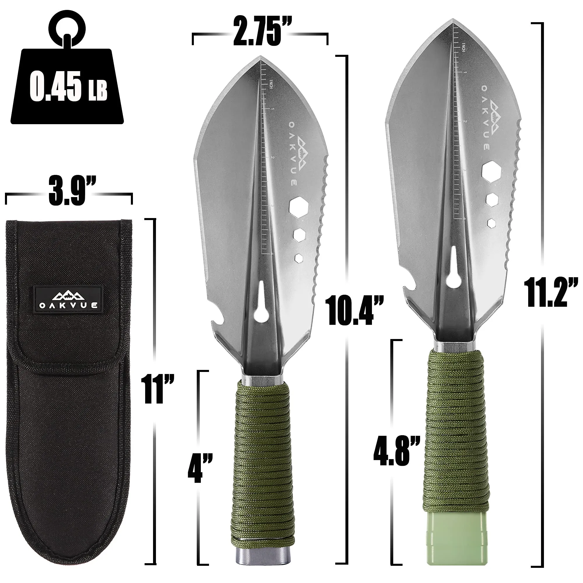 OAKVUE Backpacking Trowel – Lightweight Shovel for Camping, Hiking, Backpacking, Gardening – Compact Survival Multitool with Carrying Sheath (Silver)