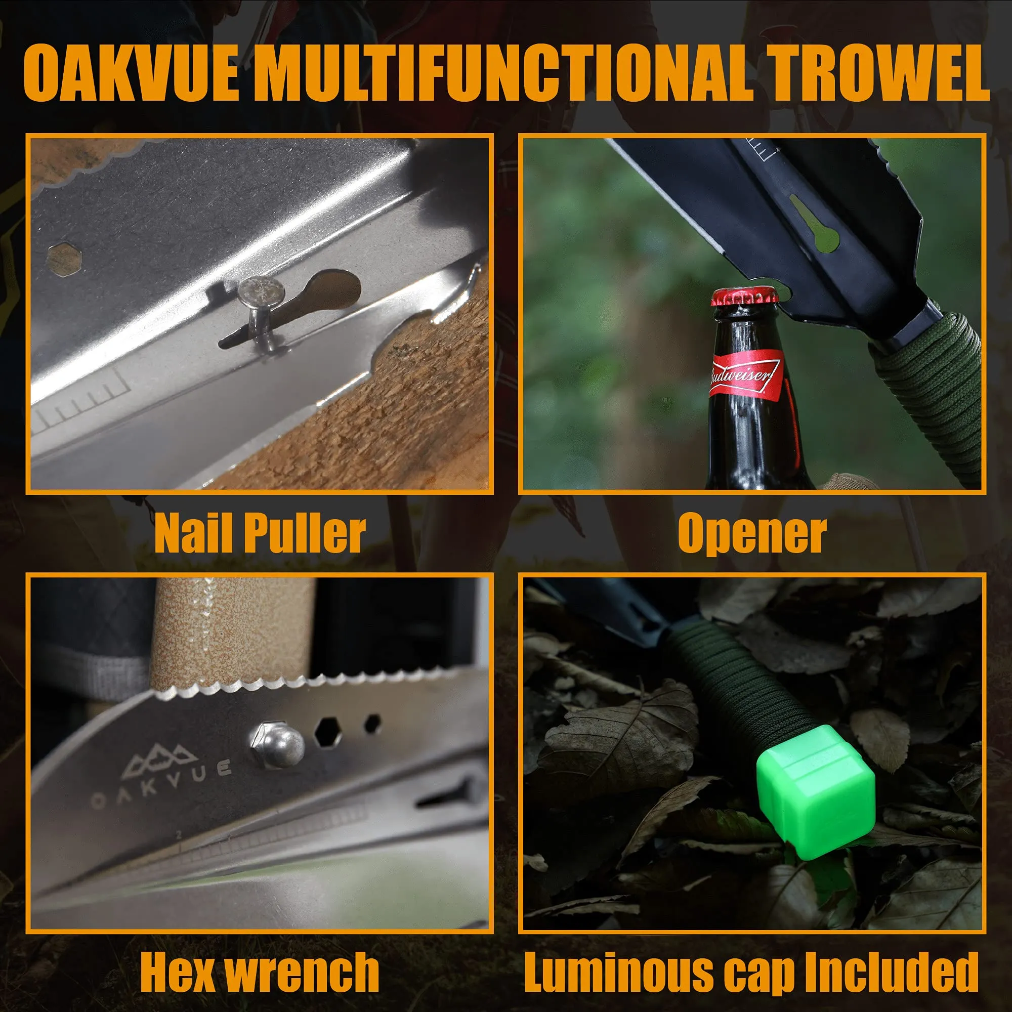 OAKVUE Backpacking Trowel – Lightweight Shovel for Camping, Hiking, Backpacking, Gardening – Compact Survival Multitool with Carrying Sheath (Silver)