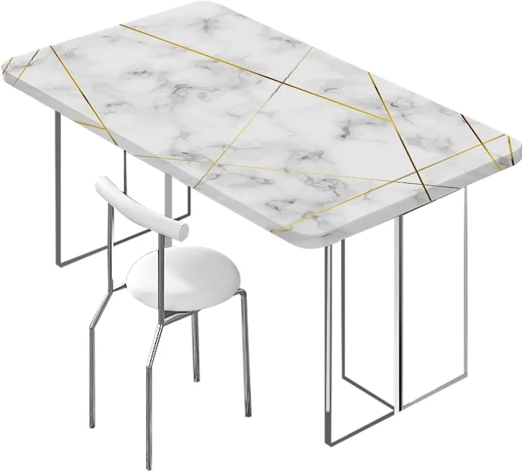 OOzie Beige Brown Tablecloth Elastic Edge Fitted Gold Cross Line Marble Soft-Touch Fitted Table Cloth, Waterproof Oil-Proof Table Cover Stripes Abstract Fits up 4 Foot Tables