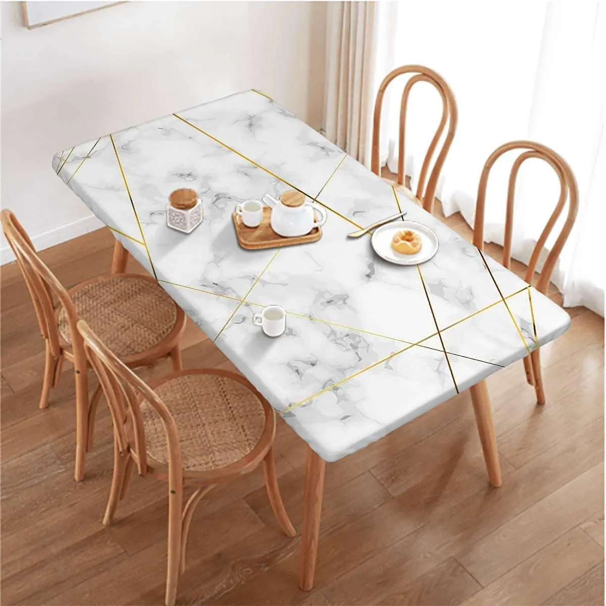 OOzie Beige Brown Tablecloth Elastic Edge Fitted Gold Cross Line Marble Soft-Touch Fitted Table Cloth, Waterproof Oil-Proof Table Cover Stripes Abstract Fits up 4 Foot Tables
