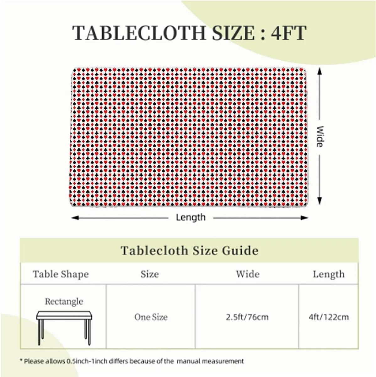 OOzie Red Black Elastic Edge Fitted Table Cloth, Poker Cards Holidays Getaways Tourist Indoor or Outdoor Fitted Table Covers for Banquet Tables Casino Fits up 4 Foot Tables