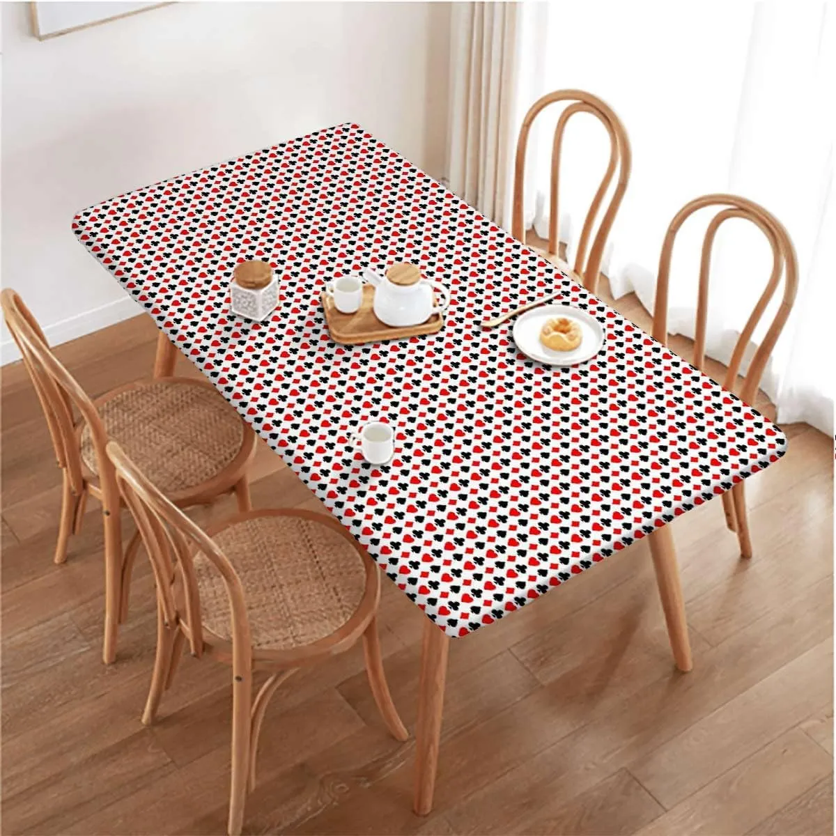 OOzie Red Black Elastic Edge Fitted Table Cloth, Poker Cards Holidays Getaways Tourist Indoor or Outdoor Fitted Table Covers for Banquet Tables Casino Fits up 4 Foot Tables