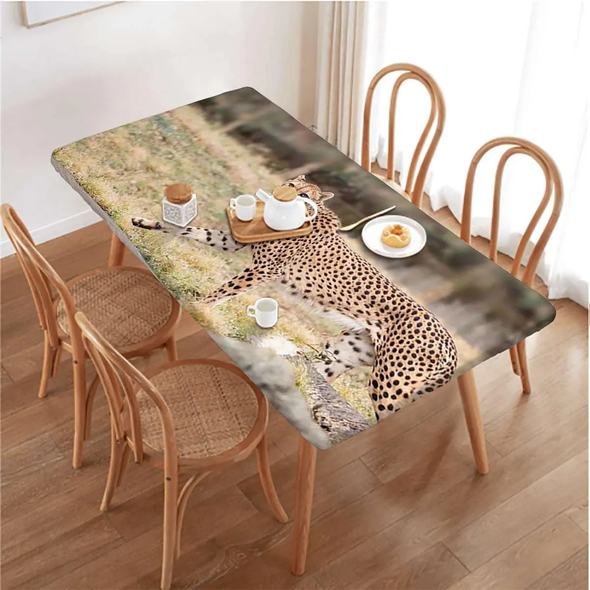 OOzie Tan Umber Brown Elastic Tablecloth for Indoors Outdoors Leopard Cheetahs Mountain Scenery Fitted Rectangular Table Cloth with Elastic Rim Africa Fits up 5 Foot Tables