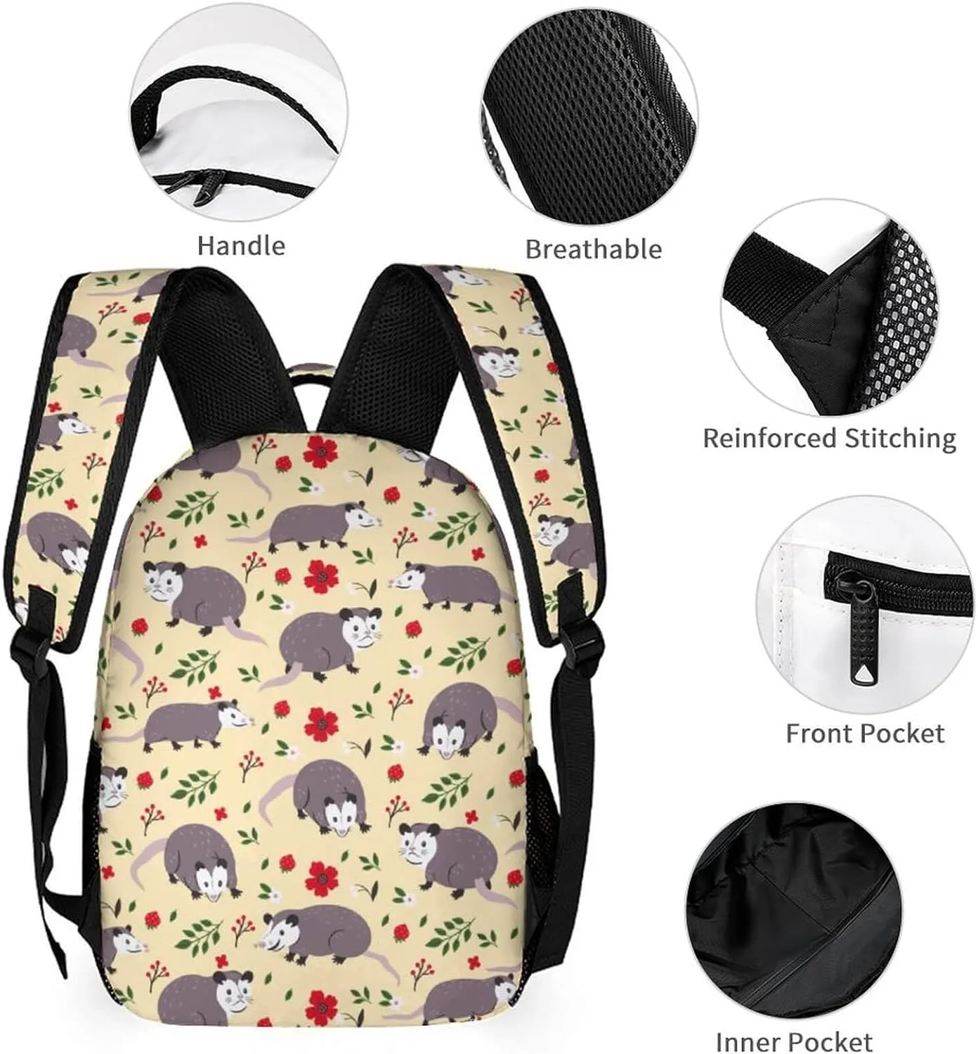 Opossum Backpack with Lunch Box & Pencil Case for Kids Girls Boys School, 16 Inch Cute Opossums Bookbag, School Backpack for Students Children, Lightweight, Large Capacity