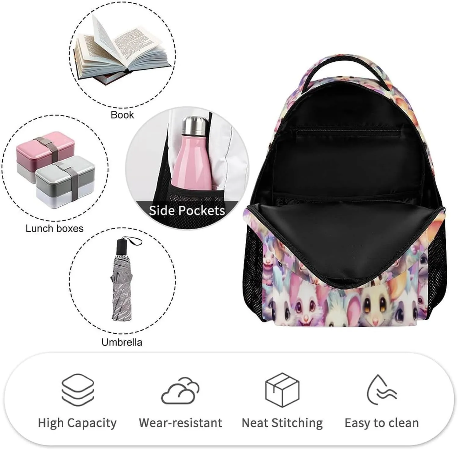 Opossum School Backpack for Kids Girls Boys, 16 Inch Cute Opossums Themed Bookbag, Personalized School Backpack for Students Children, Lightweight, Large Capacity