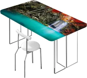 Orange Brown Turquoise Rectangle Tablecloth, Deep Forest Waterfall Forest Rectangle Table Cover for Outdoor Picnic Camping Parties Waterfall Fits up 4 Foot Tables