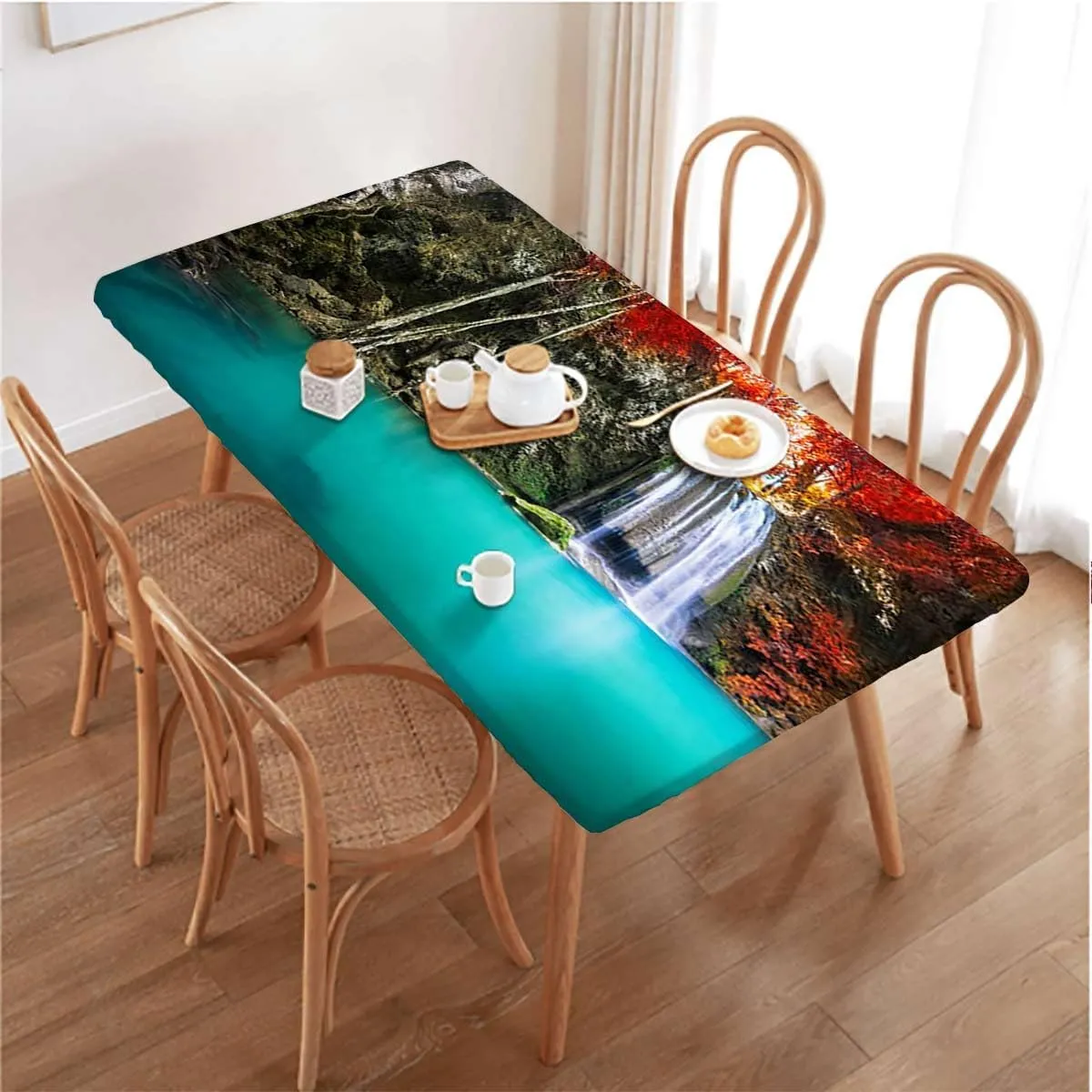 Orange Brown Turquoise Rectangle Tablecloth, Deep Forest Waterfall Forest Rectangle Table Cover for Outdoor Picnic Camping Parties Waterfall Fits up 4 Foot Tables