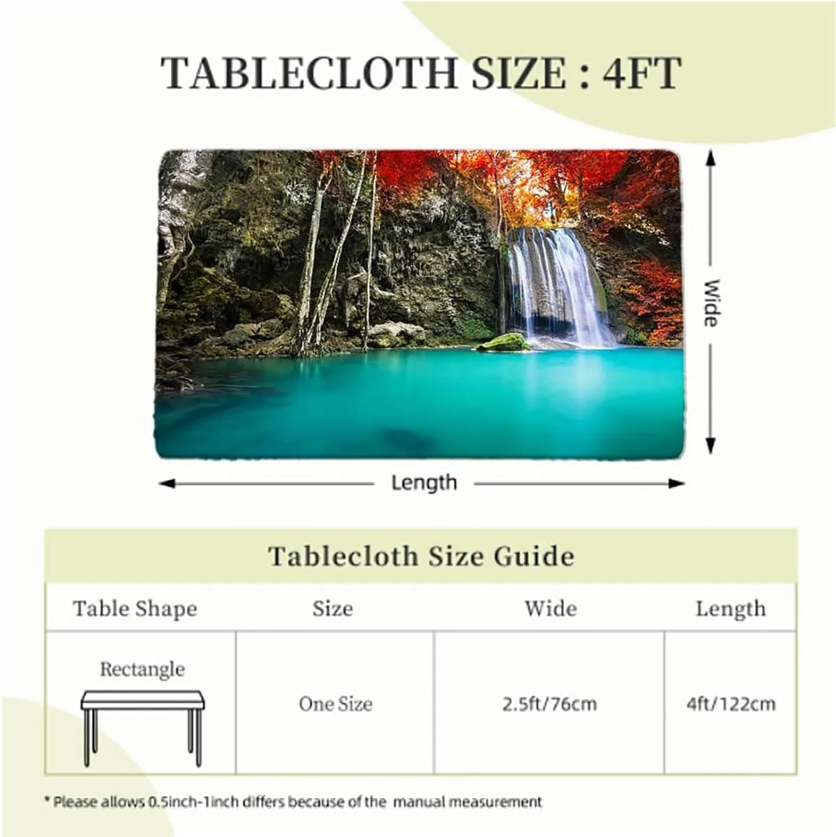 Orange Brown Turquoise Rectangle Tablecloth, Deep Forest Waterfall Forest Rectangle Table Cover for Outdoor Picnic Camping Parties Waterfall Fits up 4 Foot Tables