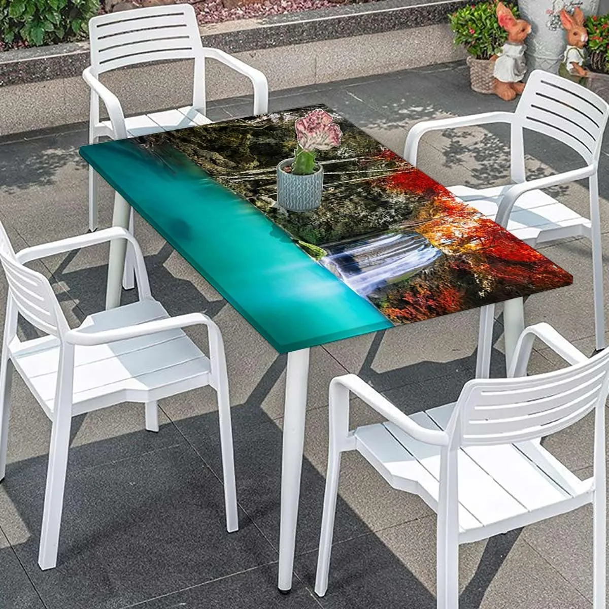 Orange Brown Turquoise Rectangle Tablecloth, Deep Forest Waterfall Forest Rectangle Table Cover for Outdoor Picnic Camping Parties Waterfall Fits up 4 Foot Tables