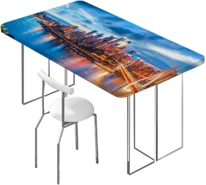 Orange Dark Blue Rectangle Tablecloth, Sunset Sky Bridge Coast Buildings Waterproof Elastic Fitted Table Covers,Camping, Indoor, Outdoor Cityscape Fits up 5 Foot Tables