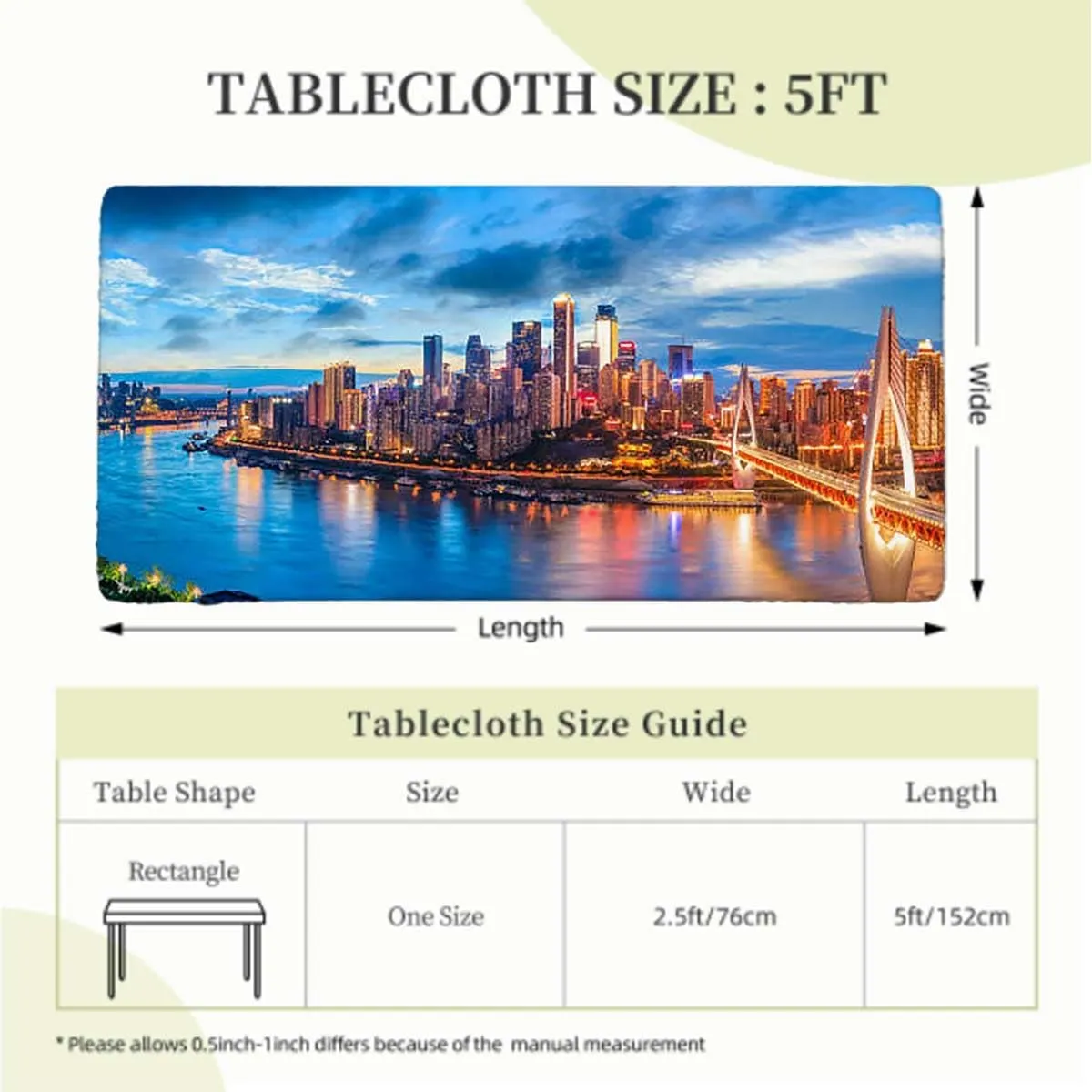 Orange Dark Blue Rectangle Tablecloth, Sunset Sky Bridge Coast Buildings Waterproof Elastic Fitted Table Covers,Camping, Indoor, Outdoor Cityscape Fits up 5 Foot Tables