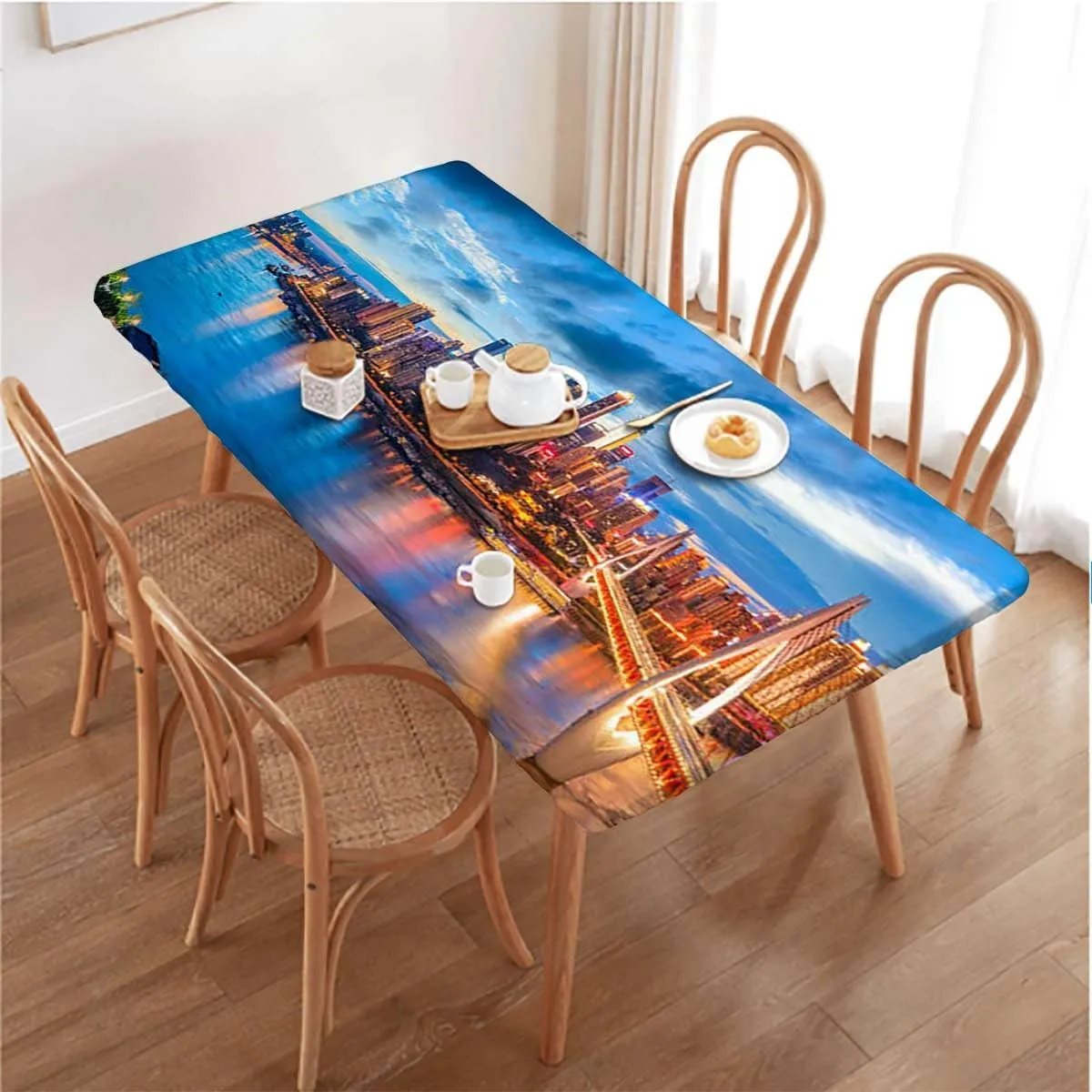 Orange Dark Blue Rectangle Tablecloth, Sunset Sky Bridge Coast Buildings Waterproof Elastic Fitted Table Covers,Camping, Indoor, Outdoor Cityscape Fits up 5 Foot Tables